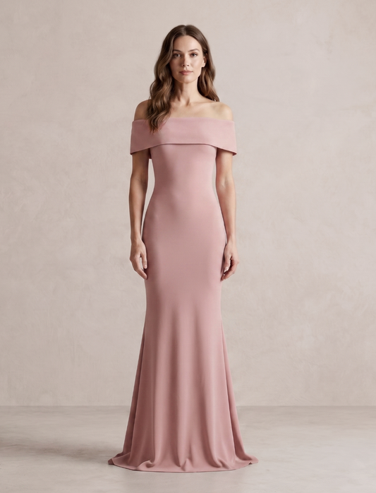 Off-Shoulder Fitted Mermaid Dress with Train
