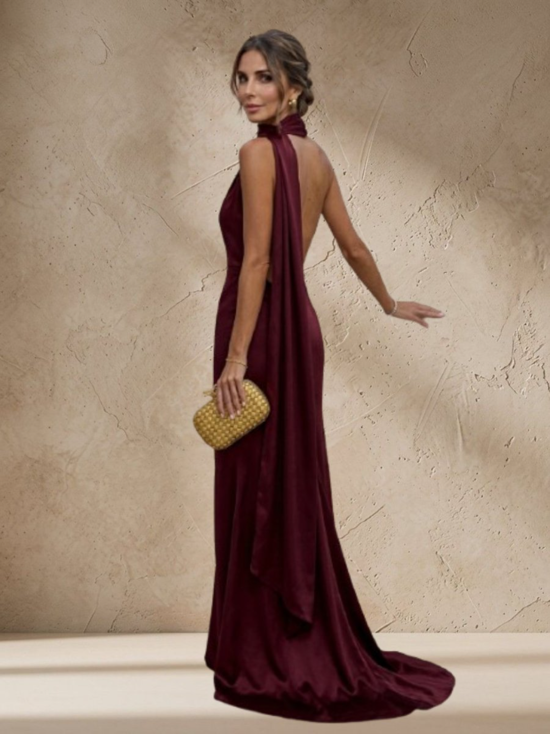Satin Backless Evening Maxi Dress with Ribbon – Black