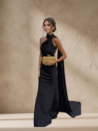 Satin Backless Evening Maxi Dress with Ribbon – Black