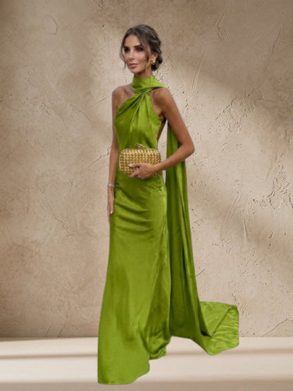 Satin Backless Evening Maxi Dress with Ribbon – Black