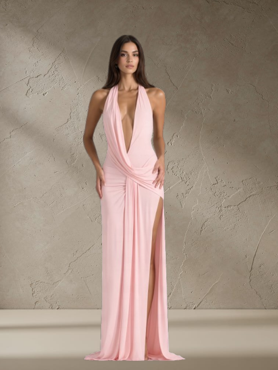 Backless Maxi Dress with Deep V Halter Neckline