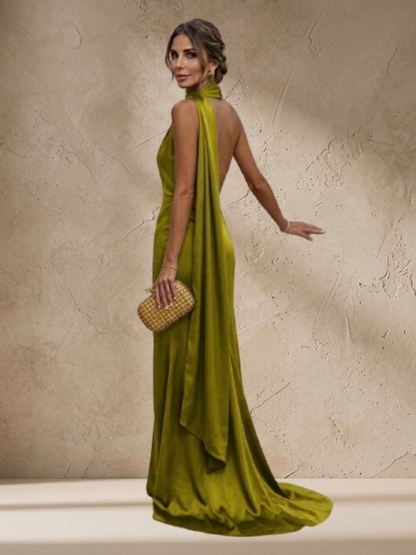 Satin Backless Evening Maxi Dress with Ribbon – Black