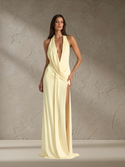 Backless Maxi Dress with Deep V Halter Neckline