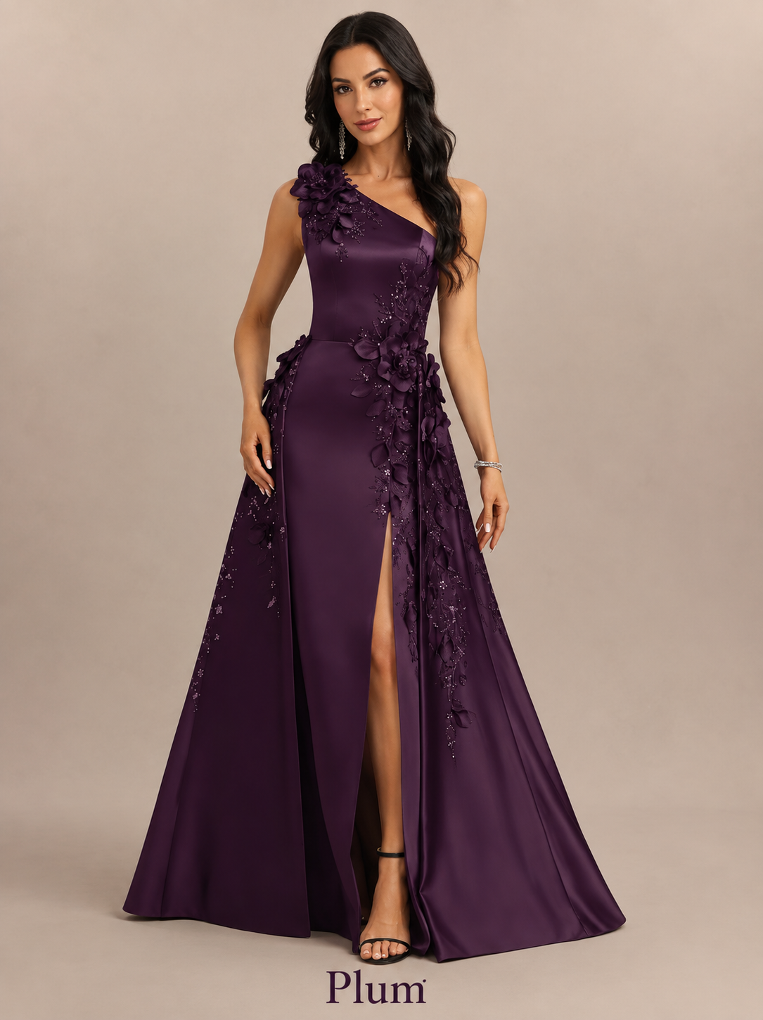Celeste         One-Shoulder 3D Floral Satin Evening Gown