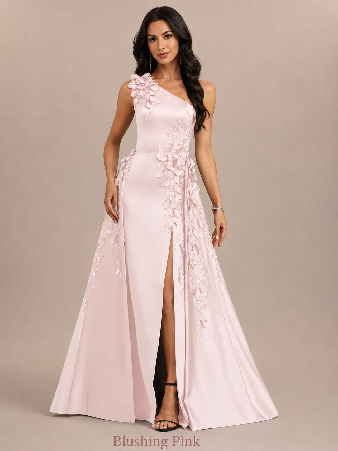 Celeste         One-Shoulder 3D Floral Satin Evening Gown
