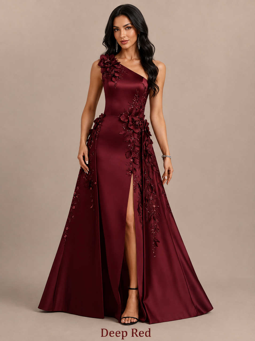Celeste         One-Shoulder 3D Floral Satin Evening Gown