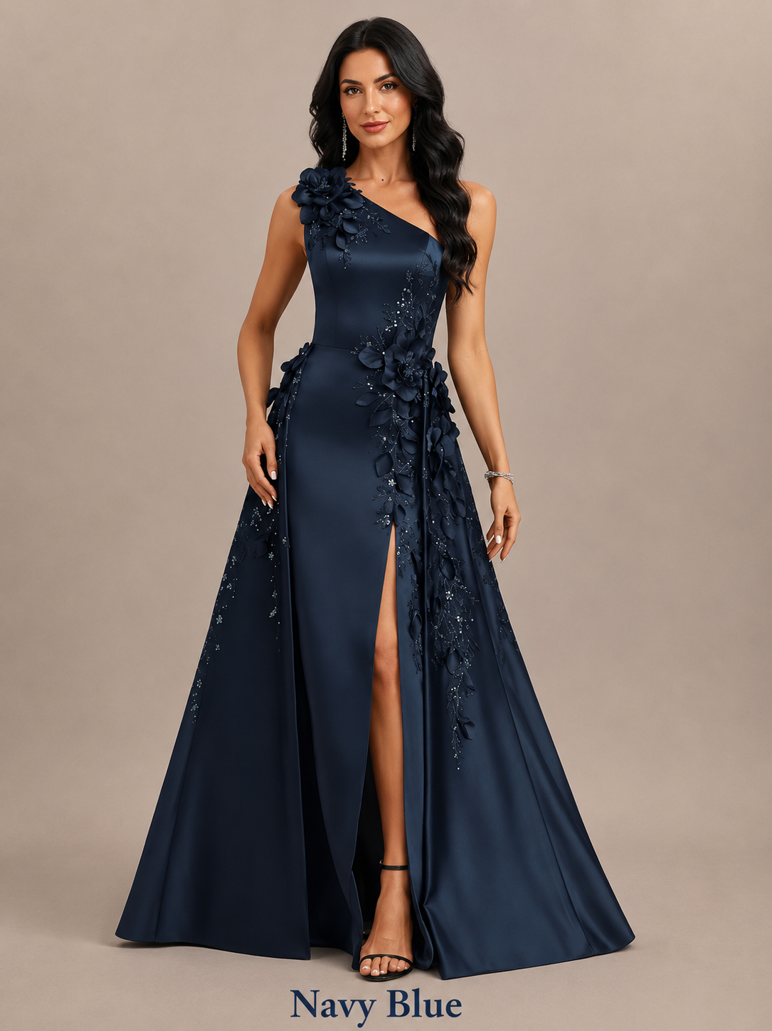 Celeste         One-Shoulder 3D Floral Satin Evening Gown