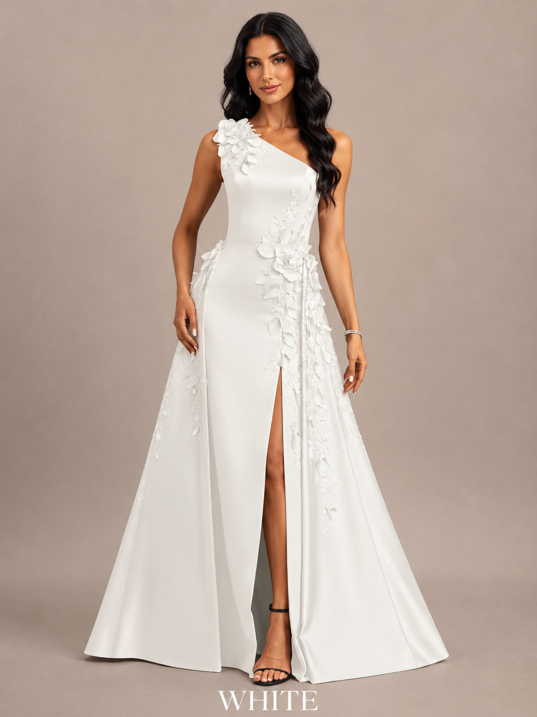 Celeste         One-Shoulder 3D Floral Satin Evening Gown