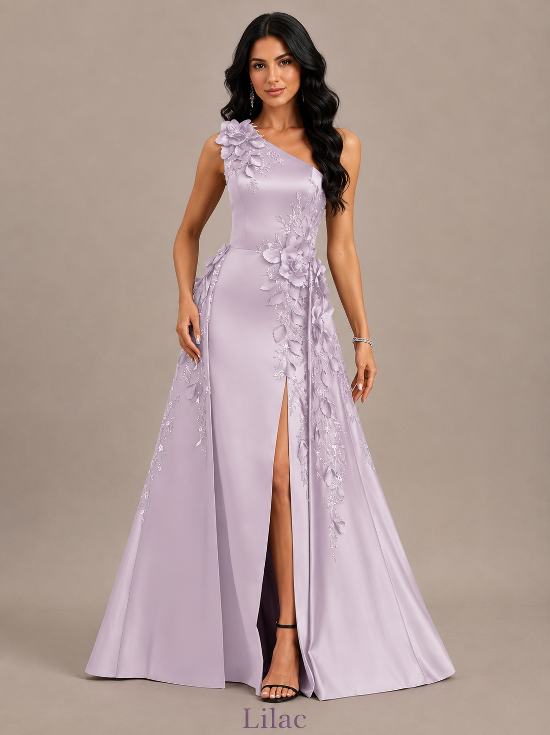 Celeste         One-Shoulder 3D Floral Satin Evening Gown