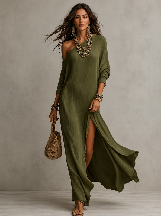Elegant Long Sleeve Knitted Pleated Split Women's Dress