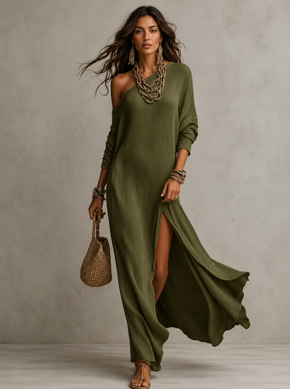 Knitted Long Sleeve Dress with Pleated Side Split