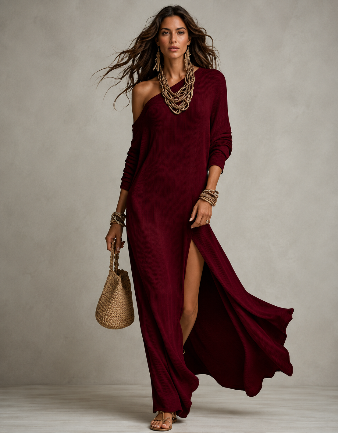 Elegant Long Sleeve Knitted Pleated Split Women's Dress