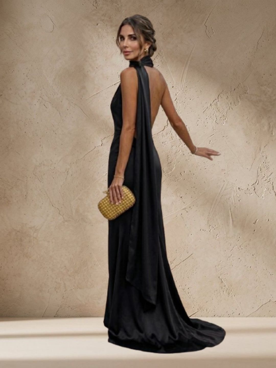 Satin Backless Evening Maxi Dress with Ribbon – Black