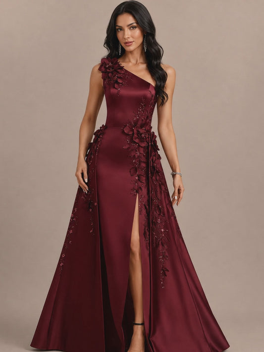 Celeste         One-Shoulder 3D Floral Satin Evening Gown